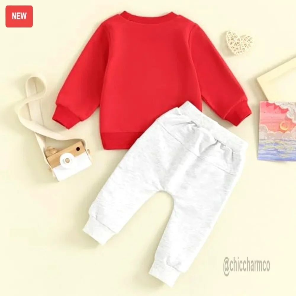 Toddler Boy Heart Embroidered Sweatshirt Jogger Set Cotton Blend 0-6M-2-3Y